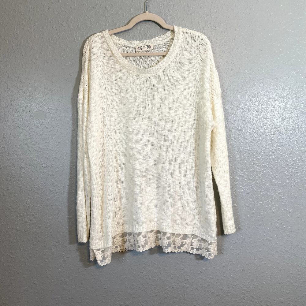 Pink Rose Boutique Womens 1X Plus White Lace Sweater Long Sleeve Shirt Neck Top - Picture 8 of 8